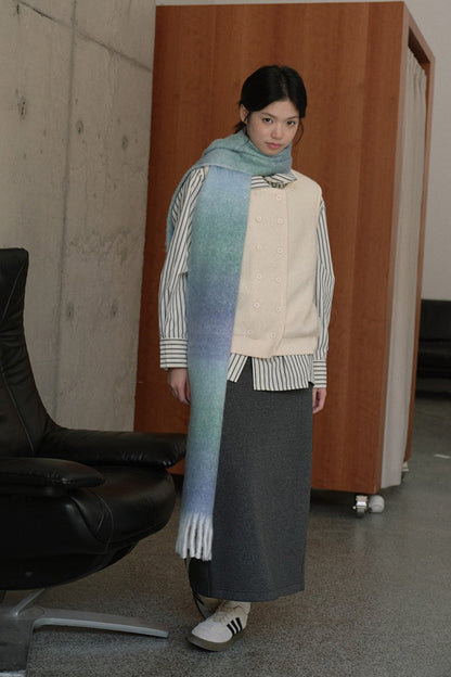 Soft Wool Blend Gradient Fringe Scarf Long Knit Wrap Green Blue NALANI