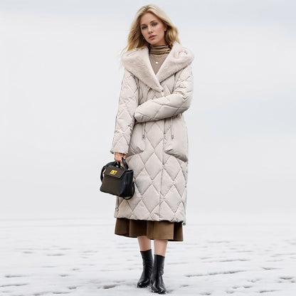 Knee Length Cotton Hooded Jacket With Plush Warm Collar White NALANI