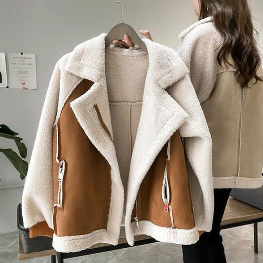 Trendy Thick Warm Lambswool Jacket With Zipper Polo Collar NALANI
