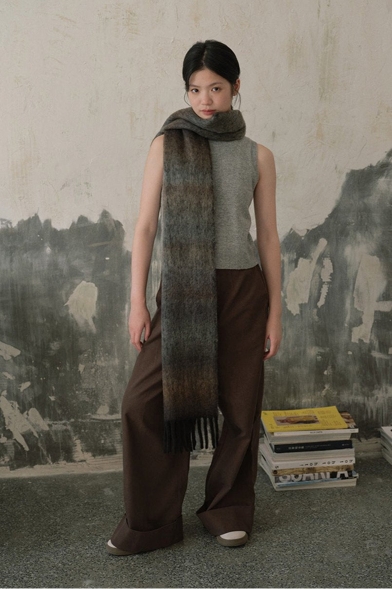 Soft Wool Blend Gradient Fringe Scarf Long Knit Wrap Black Brown NALANI
