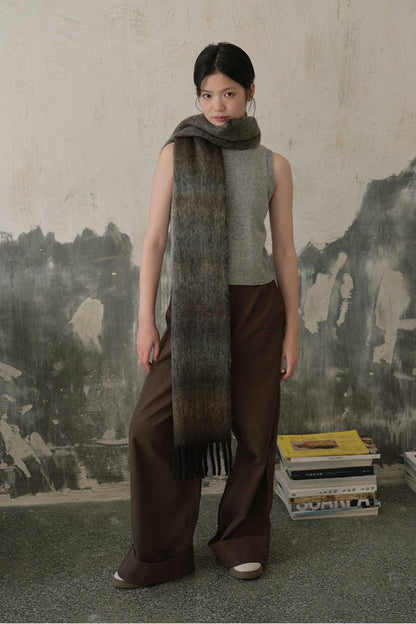 Soft Wool Blend Gradient Fringe Scarf Long Knit Wrap Black Brown NALANI