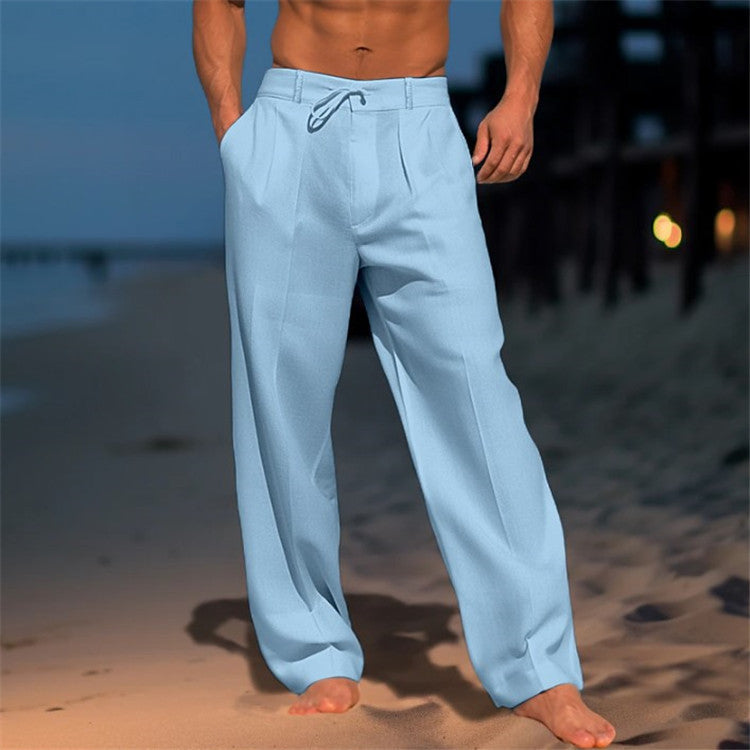 Men Relaxed Fit Trousers Drawstring Waist Pleated Front