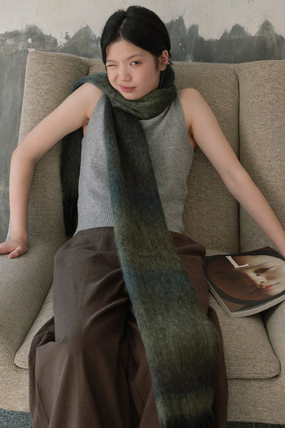 Soft Wool Blend Gradient Fringe Scarf Long Knit Wrap Green NALANI