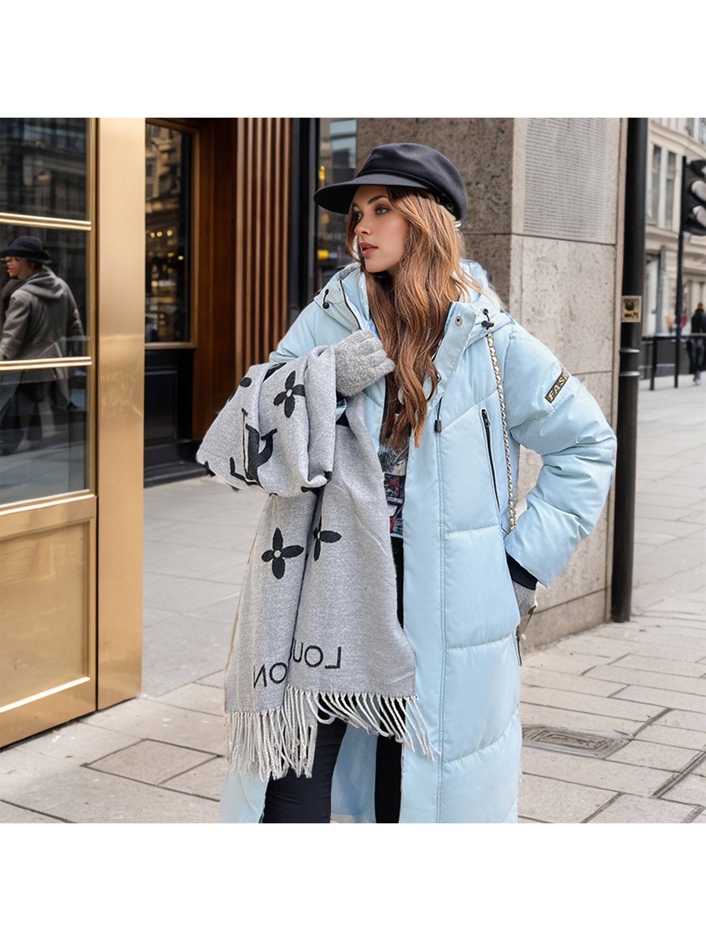 Ladies Down Cotton Padded Long Winter Coat With Hood Blue NALANI