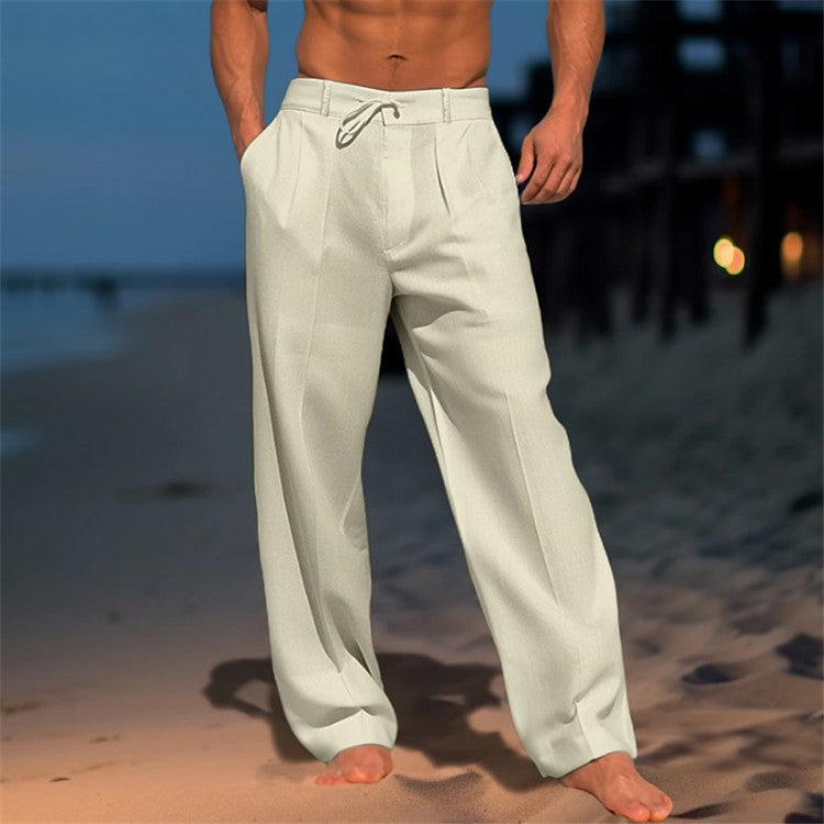 Men Relaxed Fit Trousers Drawstring Waist Pleated Front