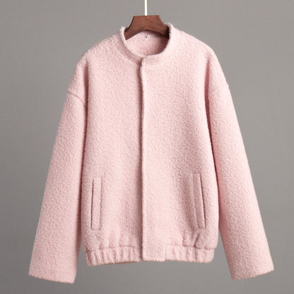 Pink Winter Coat With Stand Collar And Dropped Shoulders L NALANI