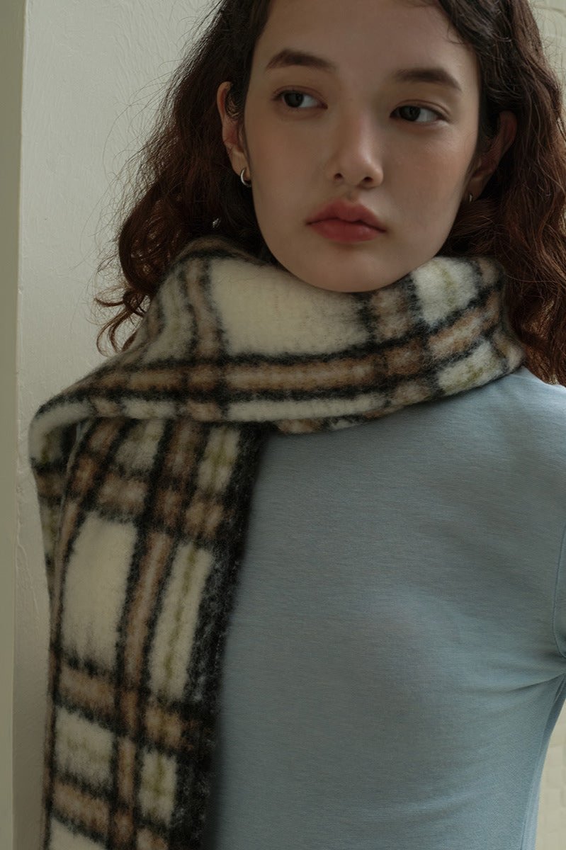 Long Off White Plaid Wool Scarf With Elegant Fringes NALANI