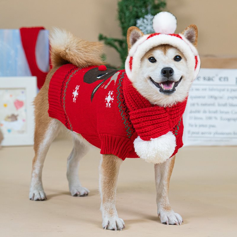 Cozy Dog Sweater With Scarf And Hat For Small To Medium Red deer sweater + scarf + hat three-piece set NALANI