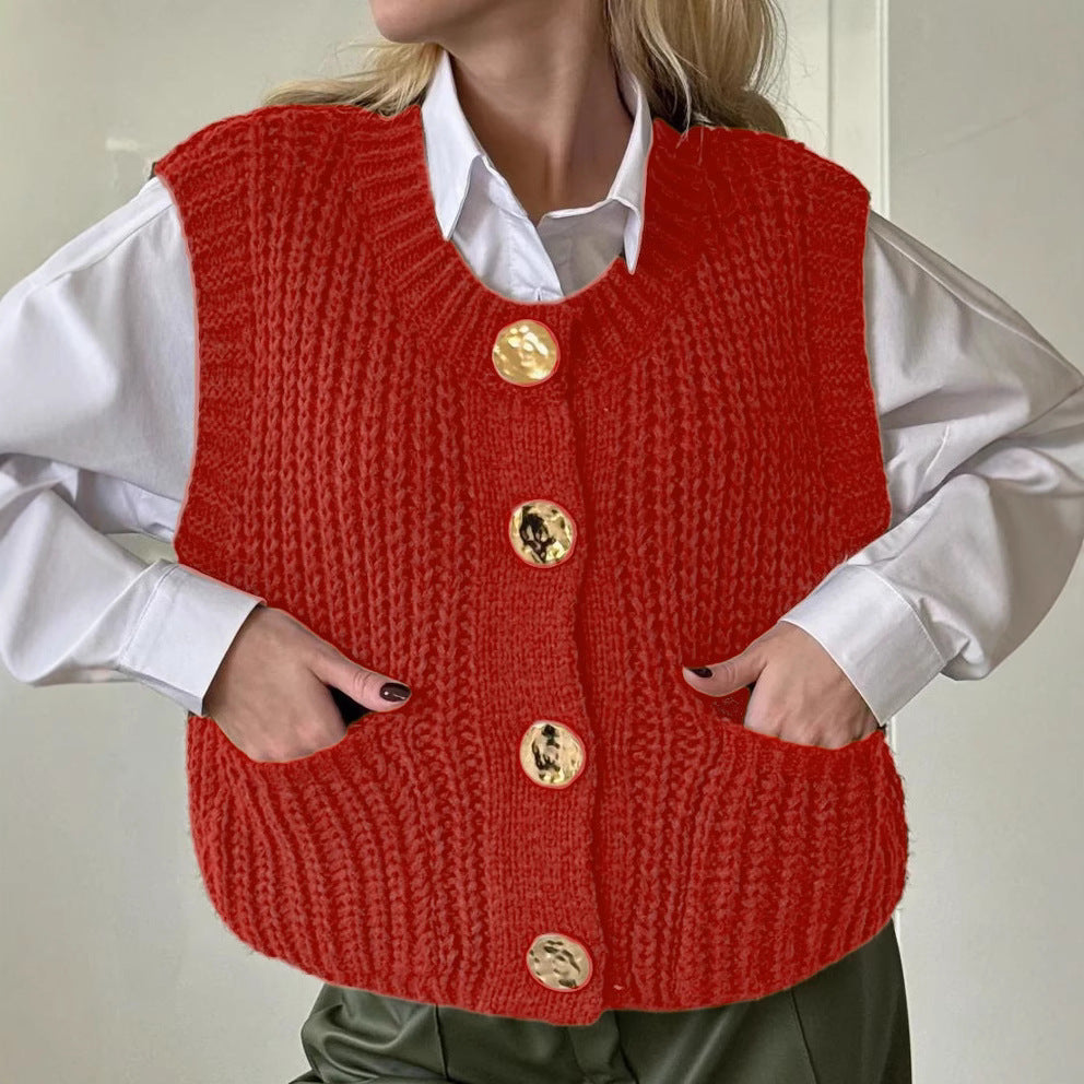 Wool Blend Knitted Vest for Women Oversized Button Front Pockets