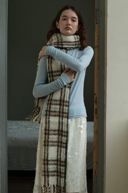 Long Off White Plaid Wool Scarf With Elegant Fringes NALANI