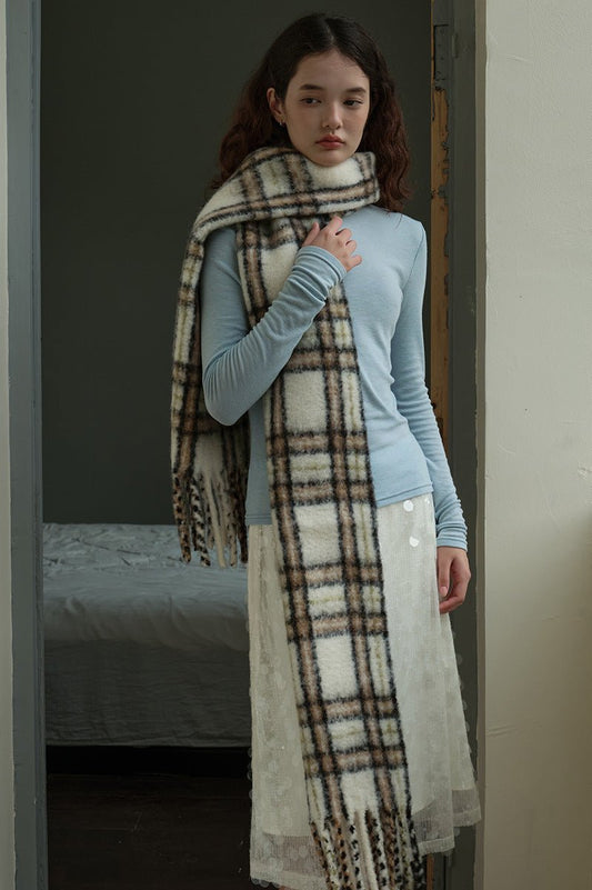 Long Off White Plaid Wool Scarf With Elegant Fringes NALANI