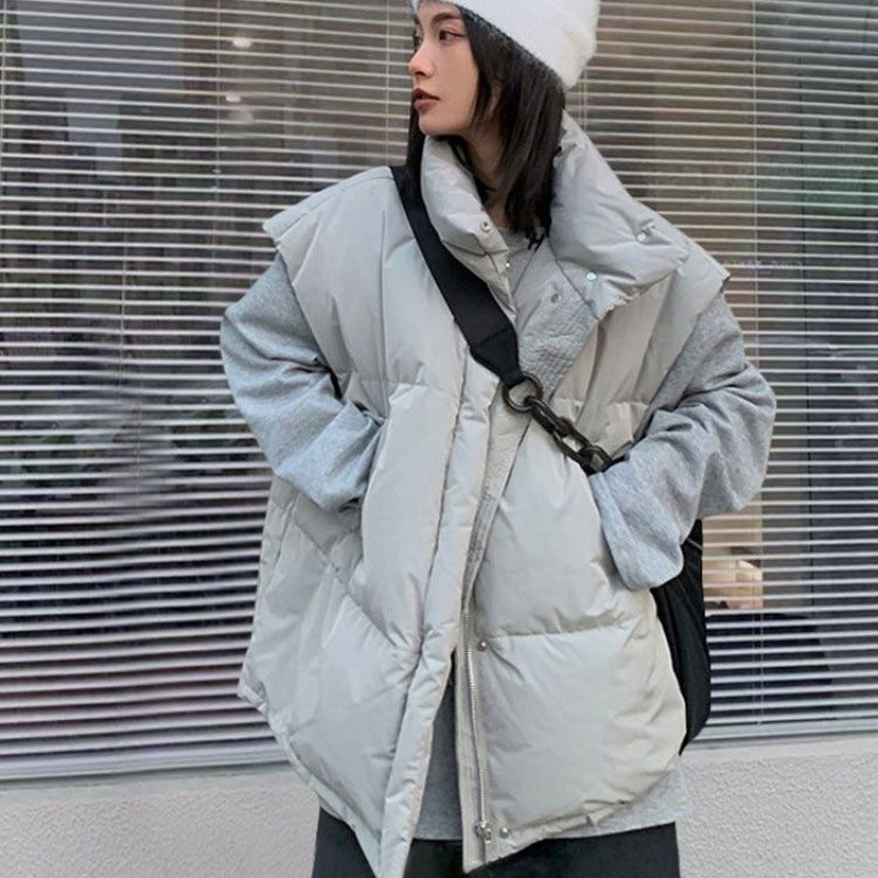 Down Cotton Womens Vest With Stand Collar For Cold Weather Light gray NALANI