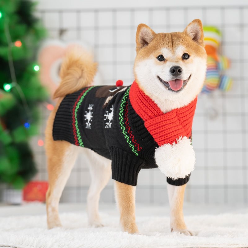 Cozy Dog Sweater With Scarf And Hat For Small To Medium Black deer sweater + white polka dot scarf NALANI