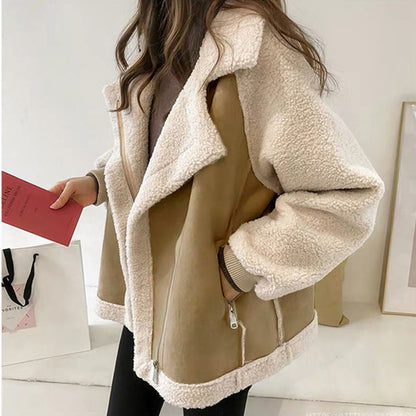 Trendy Thick Warm Lambswool Jacket With Zipper Polo Collar Light khaki NALANI
