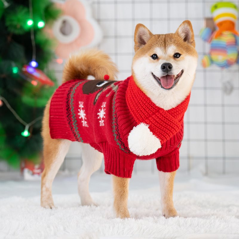 Cozy Dog Sweater With Scarf And Hat For Small To Medium Red deer sweater + white ball scarf NALANI
