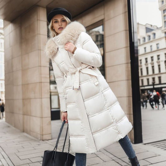 Long Winter Coat For Women With Fur Collar And Belt NALANI