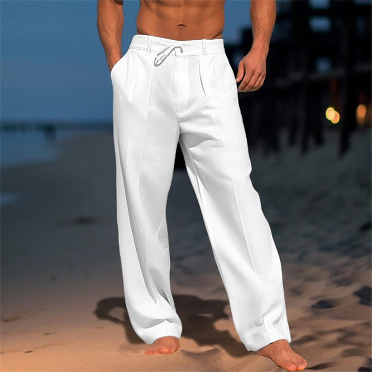 Men Relaxed Fit Trousers Drawstring Waist Pleated Front