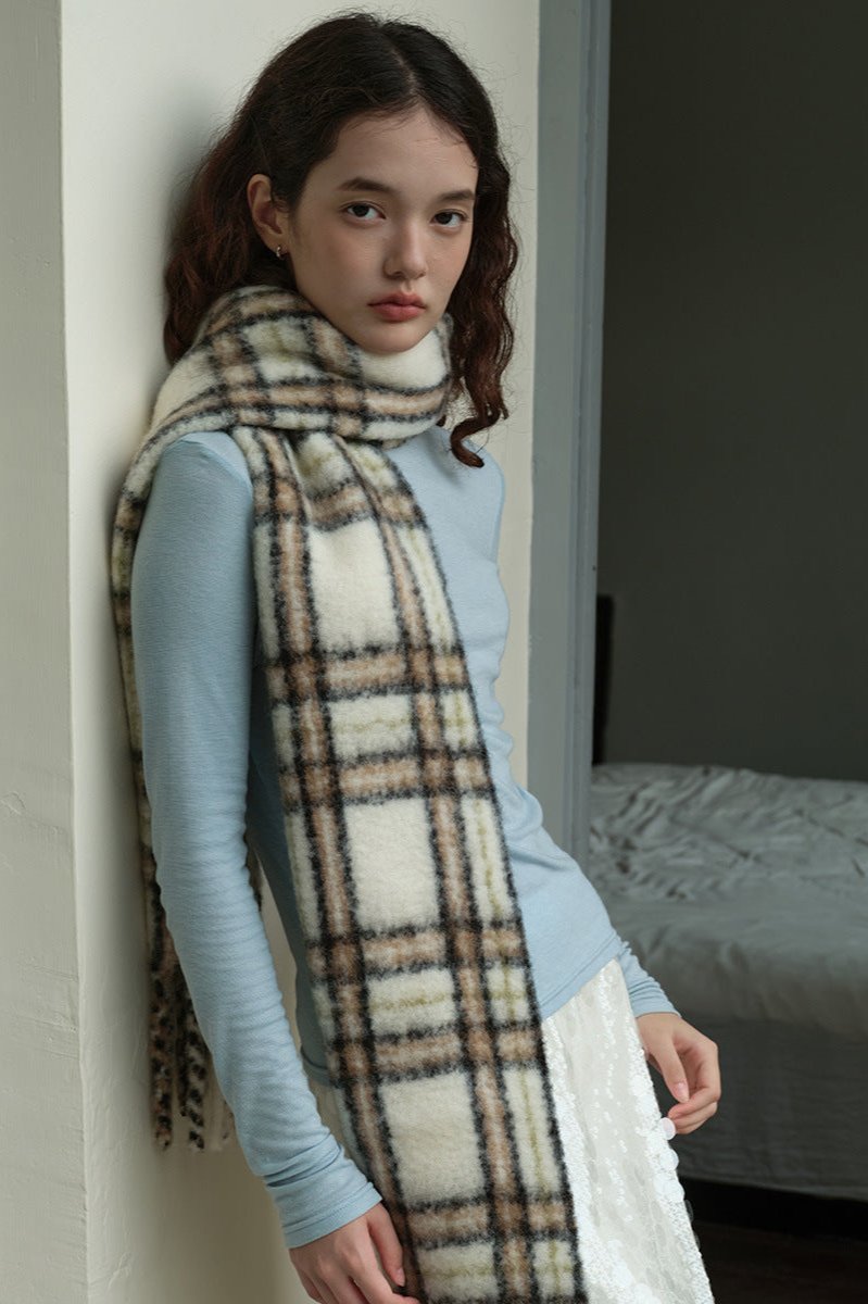 Long Off White Plaid Wool Scarf With Elegant Fringes NALANI