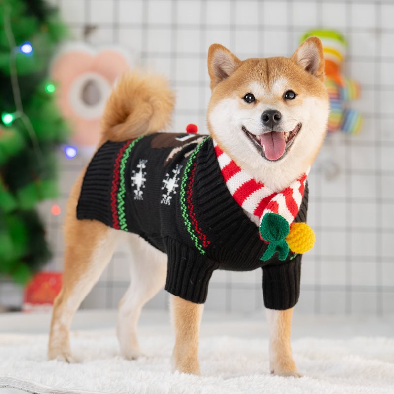 Cozy Dog Sweater With Scarf And Hat For Small To Medium Black deer sweater + striped scarf NALANI