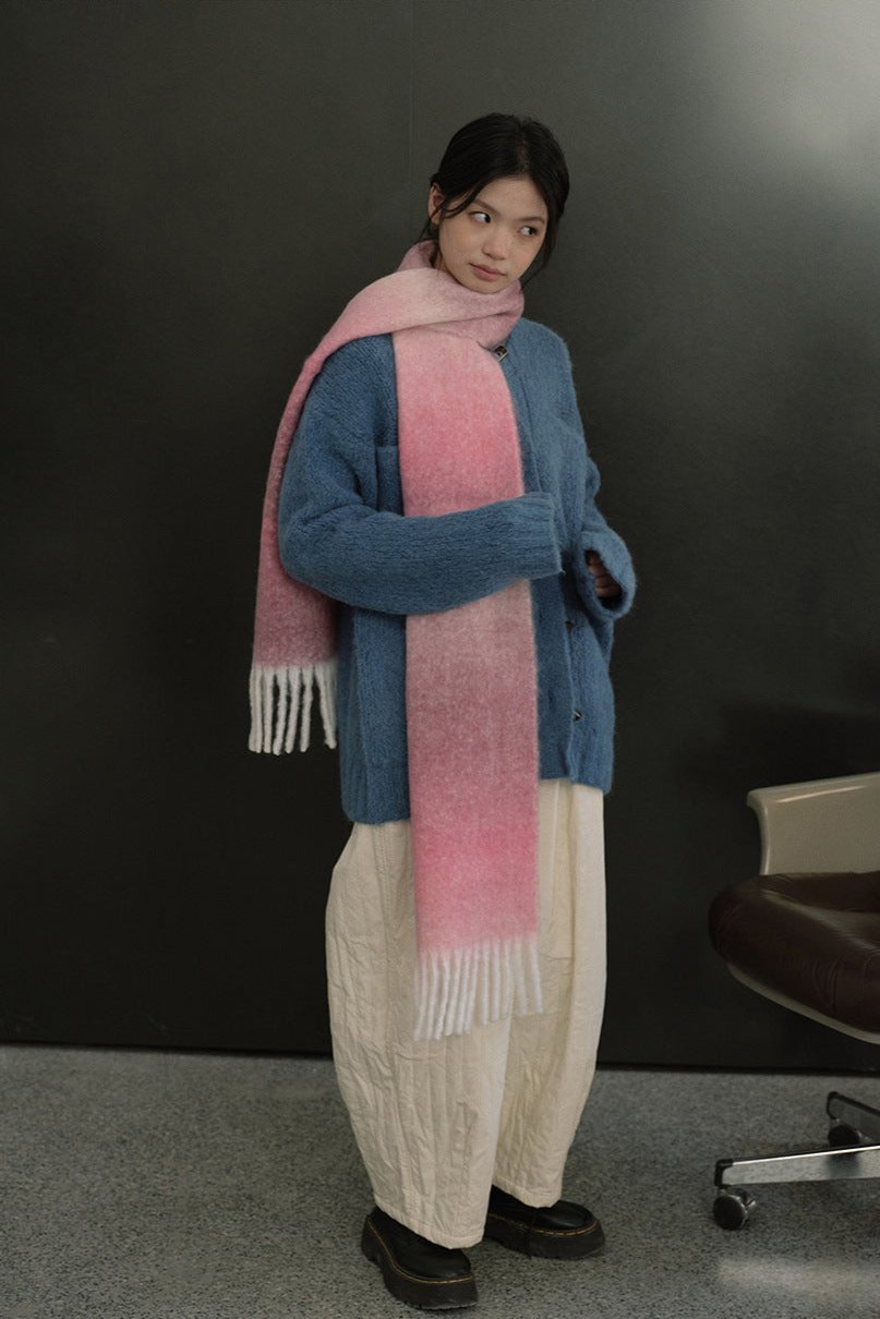 Soft Wool Blend Gradient Fringe Scarf Long Knit Wrap NALANI