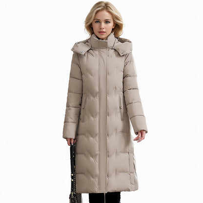 Slim Fit Cotton Puffer Coat With Hood Plus Size Knee Length Khaki NALANI