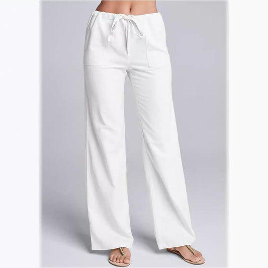Caleni | Women’s Casual Trousers – Cotton Linen Blend – Loose Fit – Drawstring Waist – Full Length