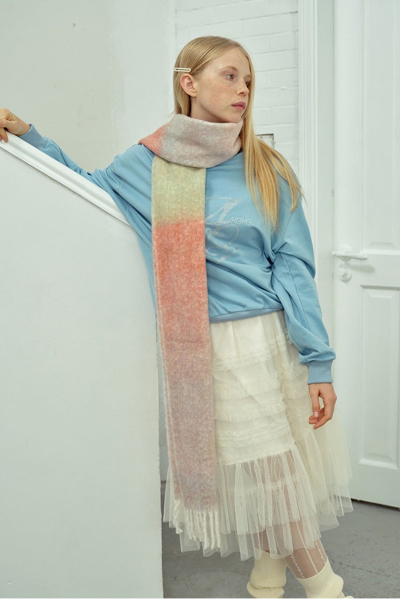 Soft Wool Blend Gradient Fringe Scarf Long Knit Wrap Peach Pink NALANI