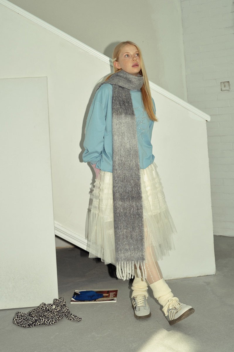 Soft Wool Blend Gradient Fringe Scarf Long Knit Wrap Gray NALANI