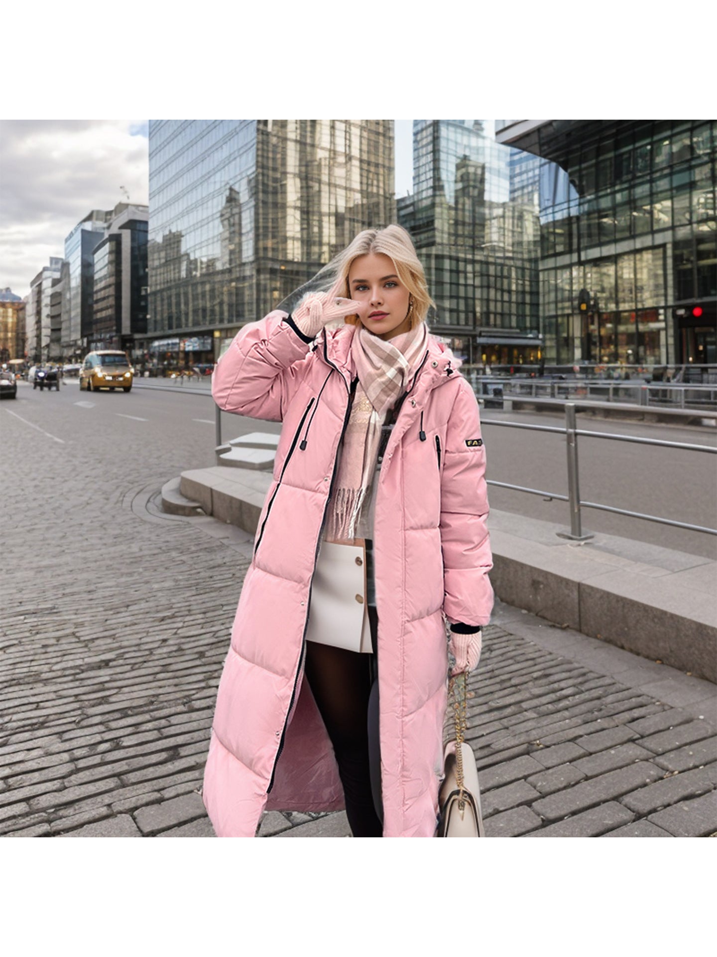 Ladies Down Cotton Padded Long Winter Coat With Hood Pink NALANI