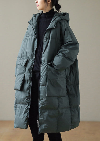 Plus Size Green Hooded Down Jacket With Zip Pockets NALANI
