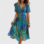 Madison | Elegant Short Dress Floral Print Cinched Waist V Neck Flowy Hem For Party And Daywear