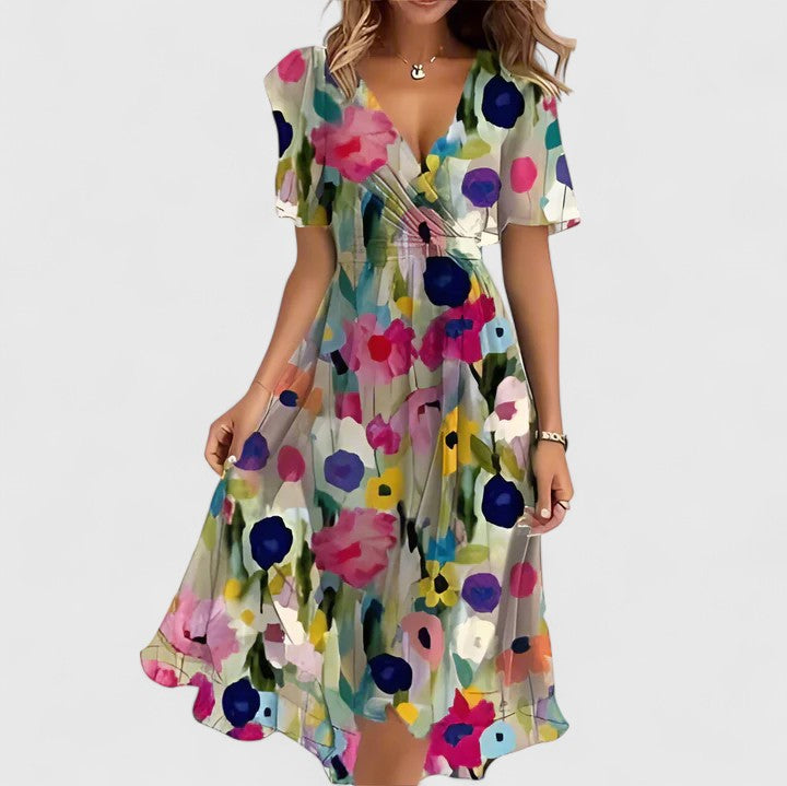Madison | Elegant Short Dress Floral Print Cinched Waist V Neck Flowy Hem For Party And Daywear