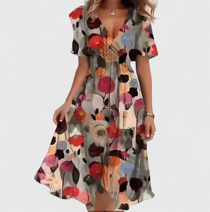 Madison | Elegant Short Dress Floral Print Cinched Waist V Neck Flowy Hem For Party And Daywear