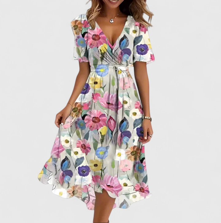 Madison | Elegant Short Dress Floral Print Cinched Waist V Neck Flowy Hem For Party And Daywear
