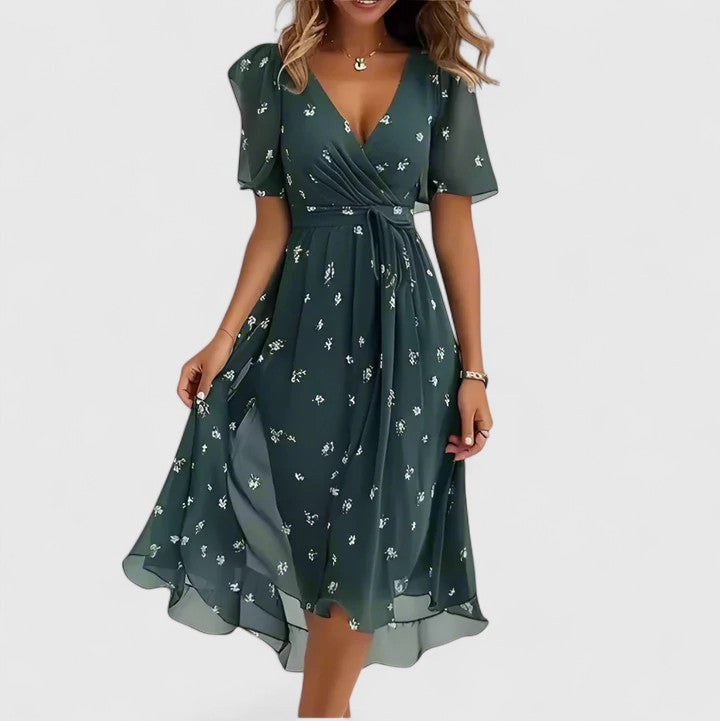 Madison | Elegant Short Dress Floral Print Cinched Waist V Neck Flowy Hem For Party And Daywear
