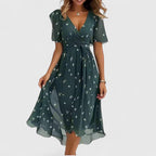 Madison | Elegant Short Dress Floral Print Cinched Waist V Neck Flowy Hem For Party And Daywear
