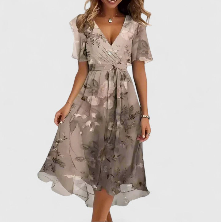 Madison | Elegant Short Dress Floral Print Cinched Waist V Neck Flowy Hem For Party And Daywear