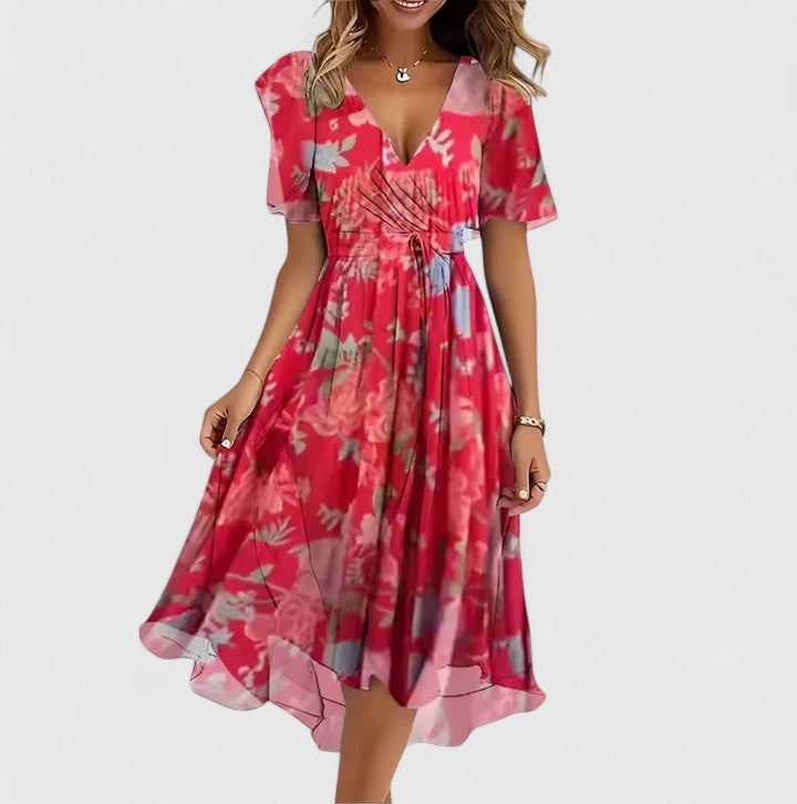Madison | Elegant Short Dress Floral Print Cinched Waist V Neck Flowy Hem For Party And Daywear