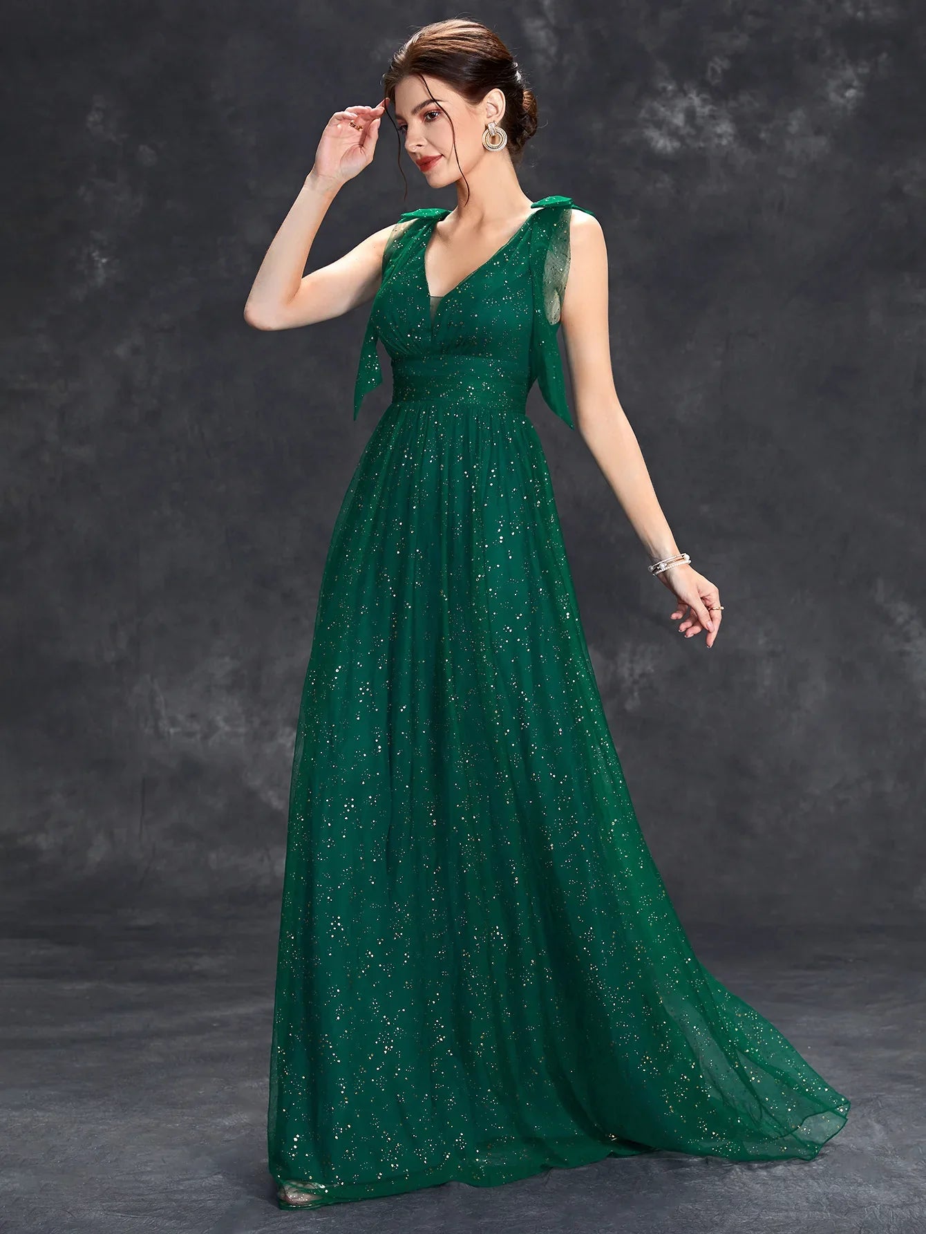 Celeni | Women's Evening Prom Gown - V-Neck Sleeveless - Glitter Embellished - Floor-Length Elegant Dress