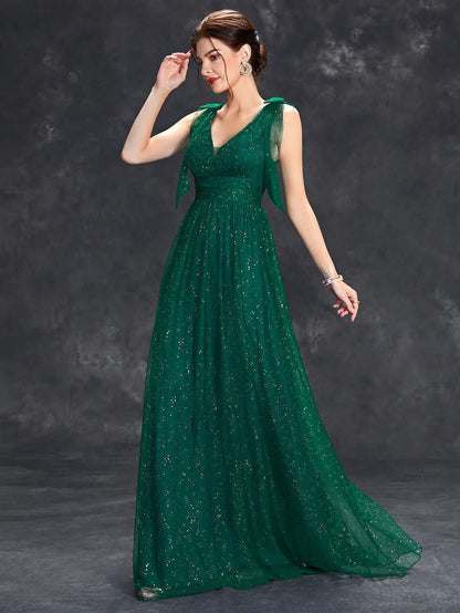 Celeni | Women's Evening Prom Gown - V-Neck Sleeveless - Glitter Embellished - Floor-Length Elegant Dress