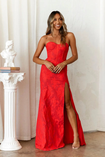 Women's Strapless Cocktail Maxi Prom Dress - Corset Bodice - Sweetheart Neckline - High Slit