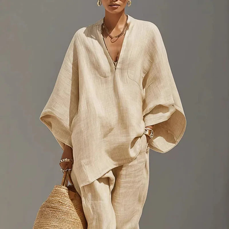 Cordella Linen Matching Set Featuring Batwing Sleeves And Relaxed Fit