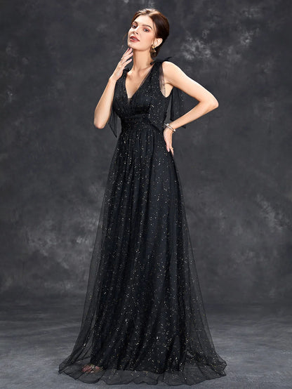 Celeni | Women's Evening Prom Gown - V-Neck Sleeveless - Glitter Embellished - Floor-Length Elegant Dress