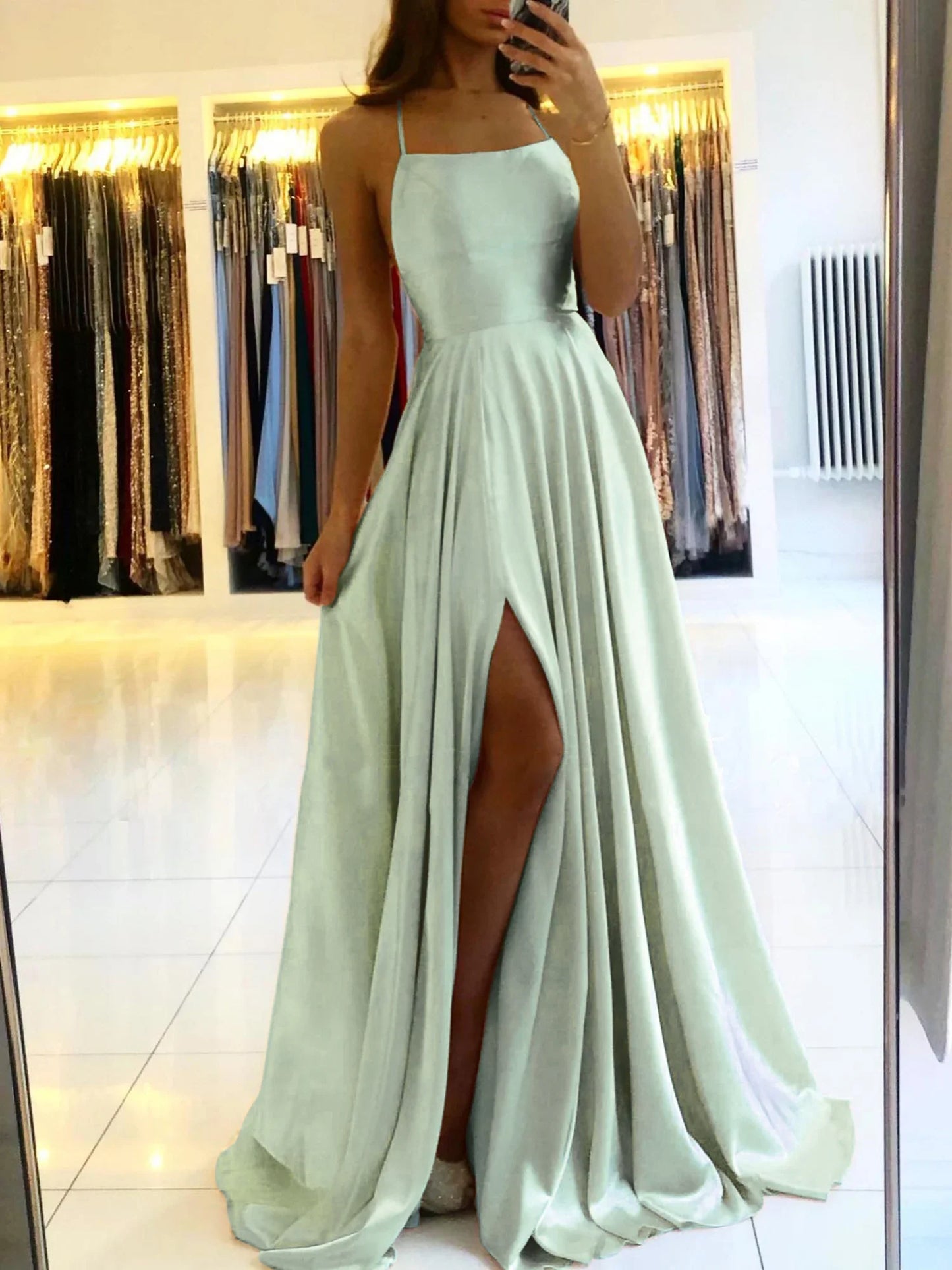 Celeni | Women's Evening Prom Gown - Floor-Length Satin - Spaghetti Straps - Square Neck - High Slit