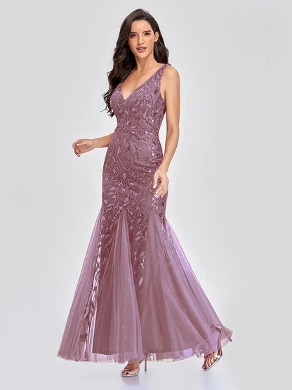 Women's Maxi Prom Gown Dress - Sleeveless V-Neck - Sequin Embellished - Floor-Length Elegant Fit