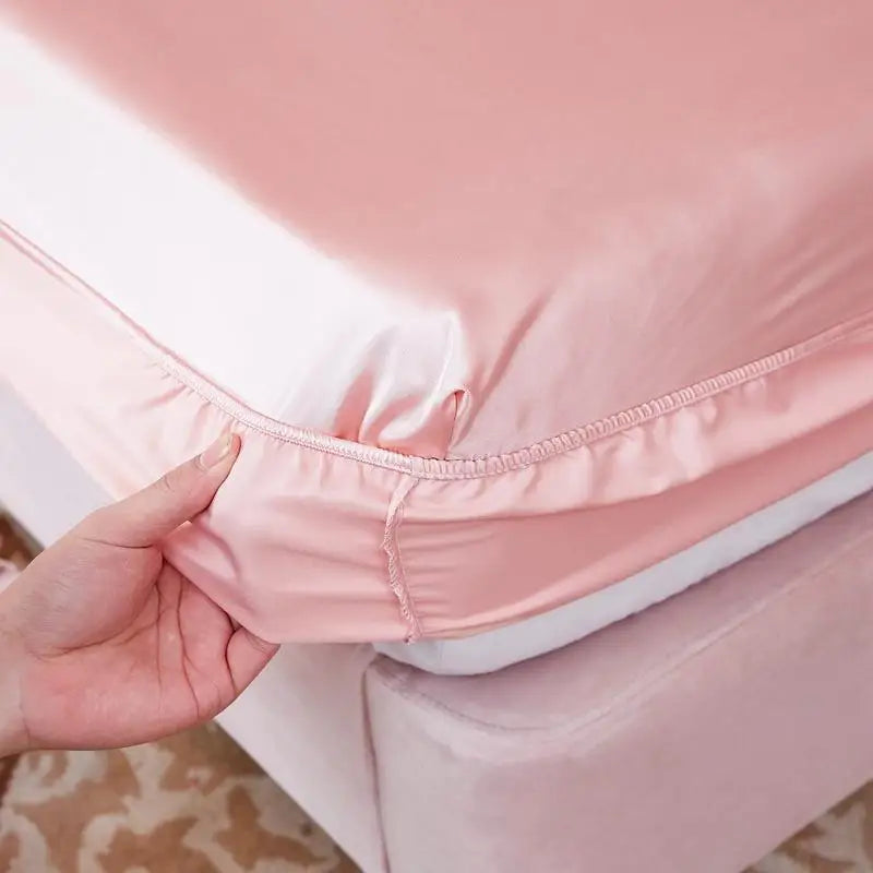 Washable Luxury Satin Elastic Fitted Sheet For Double Bed Pink NALANI