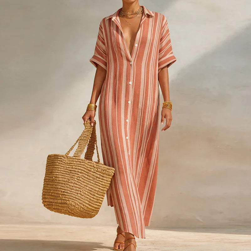 Vestido Camisa Largo Olivia de Lino Corte Holgado Mezcla Ligera de Lino