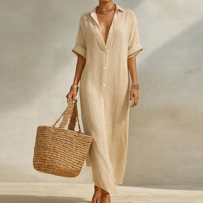 Vestido Camisa Largo Olivia de Lino Corte Holgado Mezcla Ligera de Lino