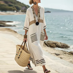 Santorini Striped Kaftan Dress With Oversized Pockets For Warm Escapes Beach Vacation Flowy Silhouette