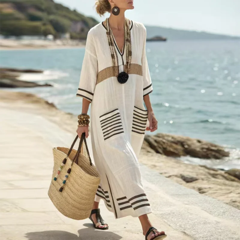 Santorini Striped Kaftan Dress With Oversized Pockets For Warm Escapes Beach Vacation Flowy Silhouette